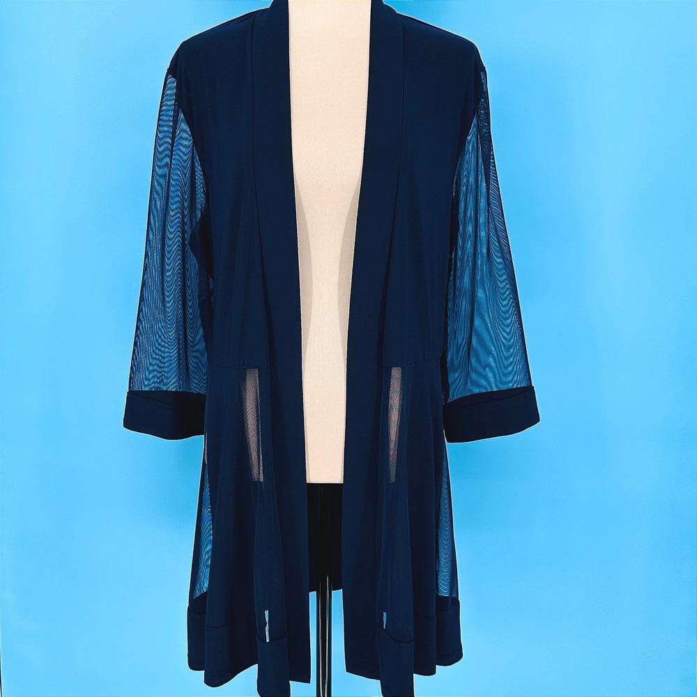 R‎ & M Collection Navy Blue Mesh Panel Open Front Duster Jacket Womens Size 18